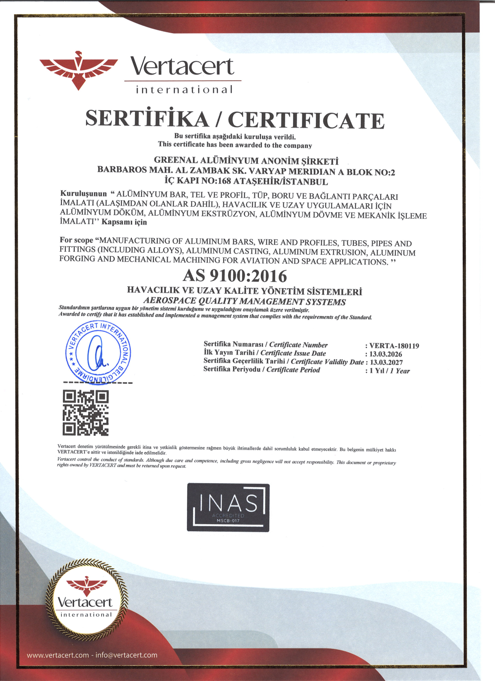 AS 9100:2016 sertifikası