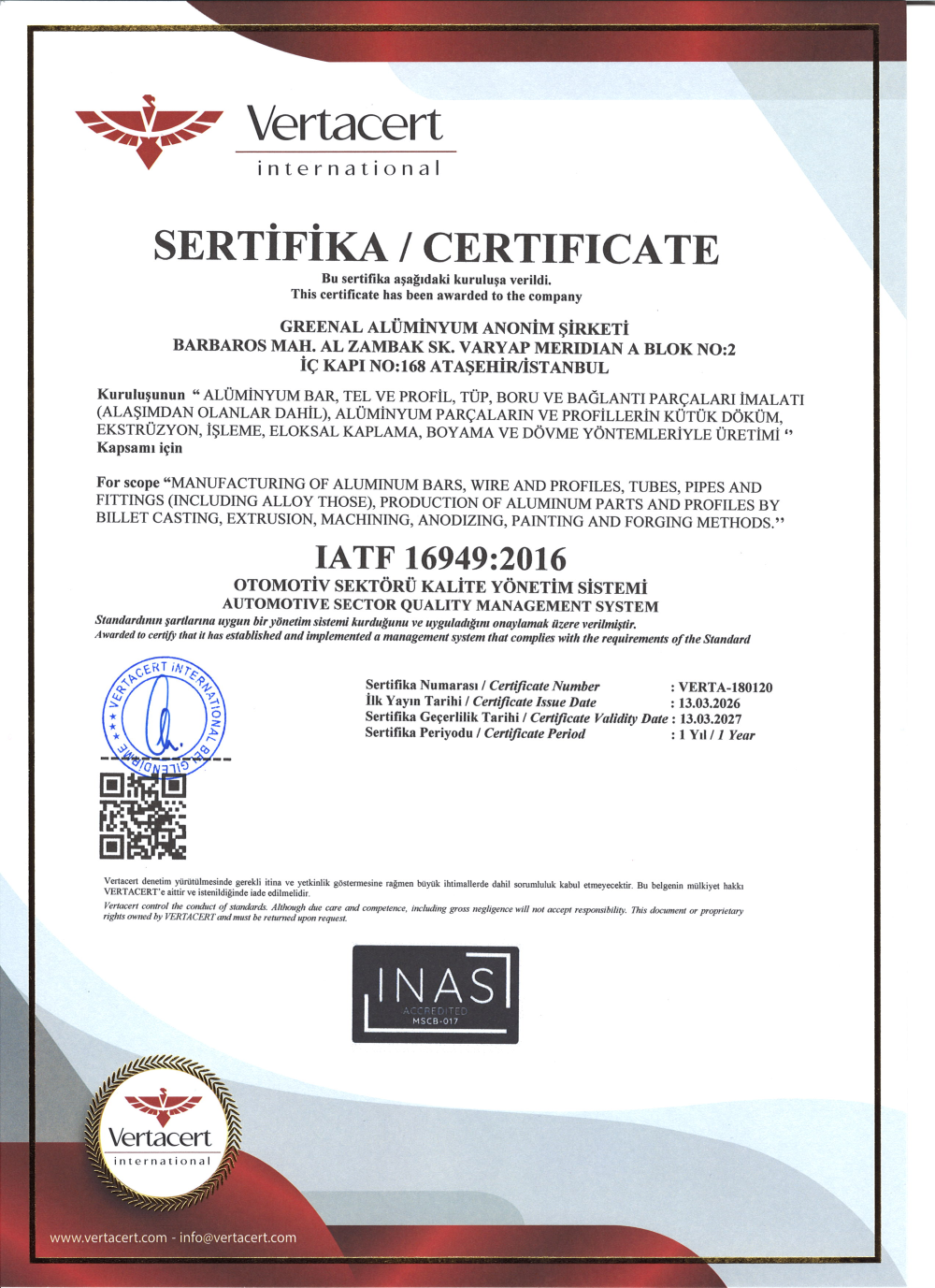 IATF 16949:2016 sertifikası