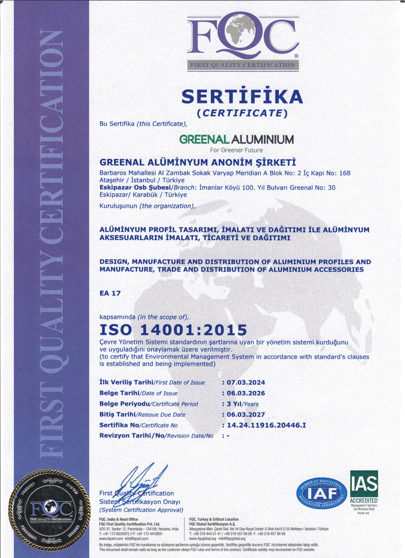 ISO 14001:2015 sertifikası
