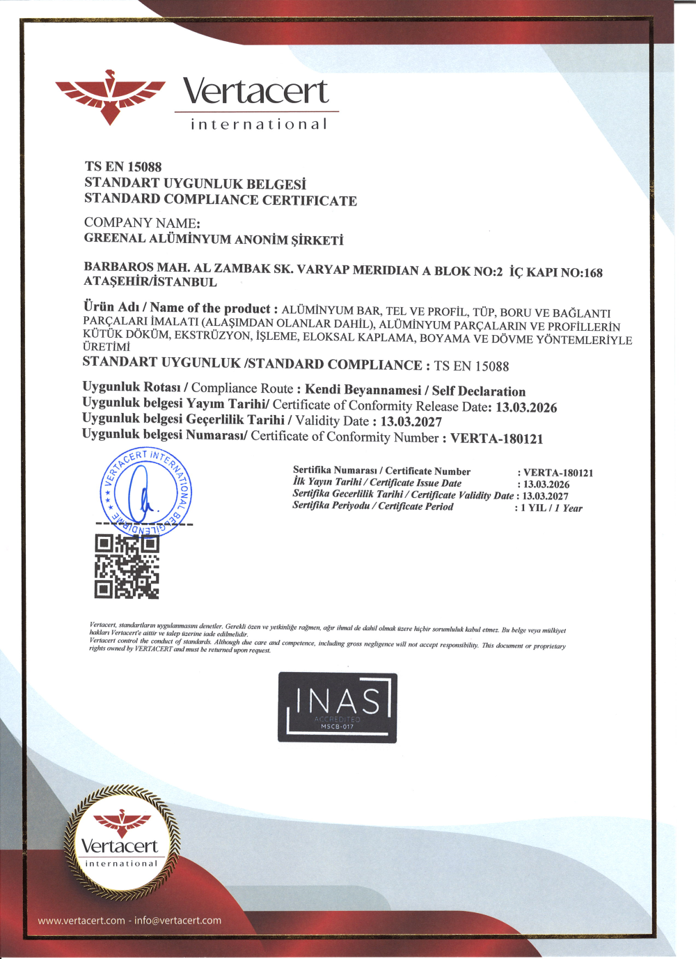 TS EN 15088 standart uygunluk belgesi